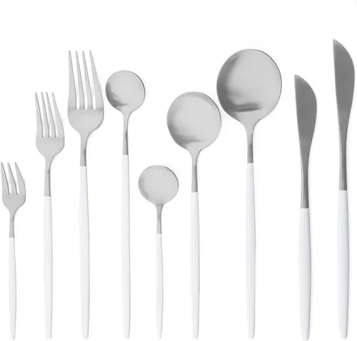 Vista 8 de Cubiertos de plata blanca pulida mate, diseño ligero, 36 piezas de acero inoxidable, juego de cubiertos de servicio para 6, incluyendo tenedores