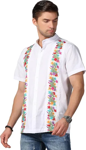 Vista 3 de Camisas mexicanas para hombre, camisas de vestir tradicionales de guayabera para hombre, con botones, cuello de banda, camisa de vestir para fiesta