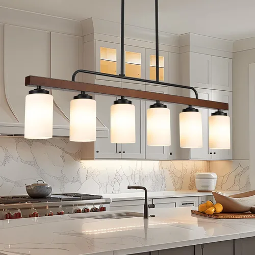 Vista 12 de Lámpara de Comedor Estilo Granja Sobre Mesa, Iluminación de Isla de Cocina de Madera Negra de 4 Luces con Vidrio Blanco Leche, Luces Colgantes