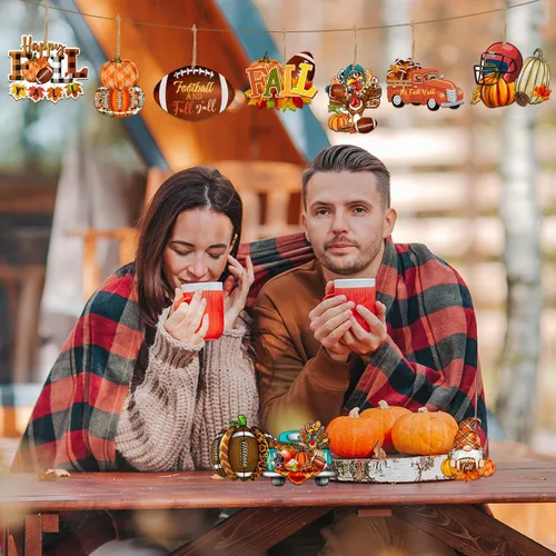 Vista 5 de 24 adornos de fútbol de otoño, suministros de fiesta de puerta de fútbol y otoño, hojas de arce, gnomo, calabaza, adornos de madera con temática