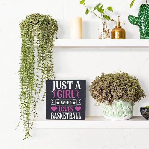 Vista 6 de HTBIG Funny Just a Girl Who Loves Basketball Box Sign Rustic Basketball Lovers Wood Box Sign Art Home Girl Bedroom Shelf Desk Decor 5 x 5 pulgadas