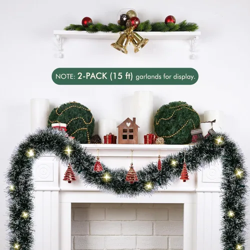 Vista 3 de Paquete de 2 guirnaldas de Navidad preiluminadas, guirnalda artificial iluminada de 15 pies con luces para chimenea, barandillas de escalera, árbol