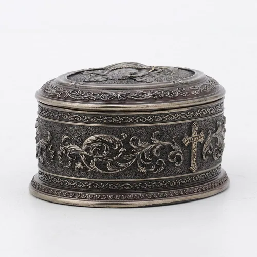 Vista 4 de Veronese Design 2 1/2 pulgadas de alto, mano orante, forma ovalada, caja de baratija, escultura de resina bronceada, escultura religiosa