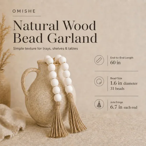 Vista 221 de OMISHE Guirnalda de cuentas de madera extra grande con cuentas de madera y borlas de 1.6 pulgadas de diámetro, cuentas decorativas rústicas de 41