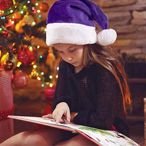 Vista 2 de Sombrero de Navidad de Papá Noel morado de felpa para adultos, sombrero de Navidad de terciopelo morado de felpa para mujeres y hombres, suministros