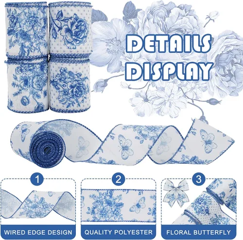 Vista 3 de AnyDesign Cinta blanca y azul con borde con alambre, diseño de mariposas y flores, 24 yardas, 2.5 pulgadas, cintas de tela de flores azules