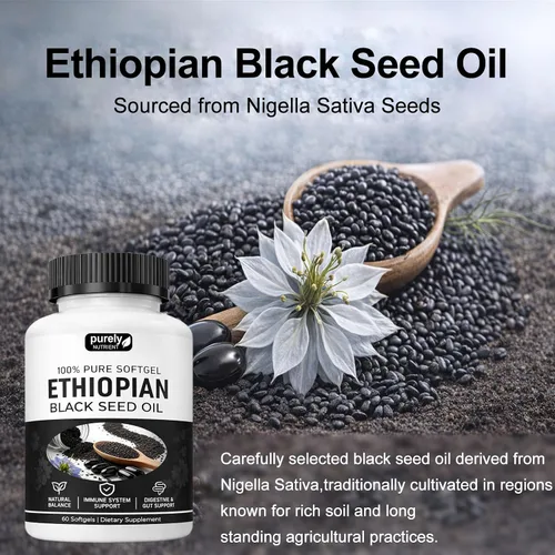 Vista 4 de Aceite de semilla negra etíope puramente nutritiva, cápsulas de aceite de semilla negra puramente etíope 4.64% timoquinona, cápsulas blandas