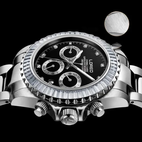 Vista 3 de LOREO Reloj mecánico automático multifunción de acero inoxidable con esfera Blcak de cristal de zafiro para hombre