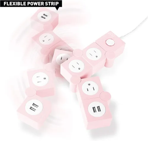 Vista 13 de iJoy - Tira de enchufes flexible: 3 salidas de corriente alterna y 2 puertos de carga USB con cable de extensión rosa, tiras de enchufes