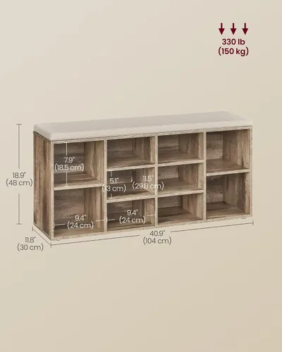 Vista 2 de VASAGLE - Colección CUSTOS - Banco para zapatos, banco de almacenamiento con asiento acolchado, banco de entrada con 10 compartimentos