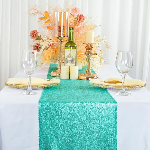Vista 21 de ShinyBeauty Camino de mesa de lentejuelas rosa intenso, 12 x 72 pulgadas, elegante camino de mesa para eventos de boda personalizado
