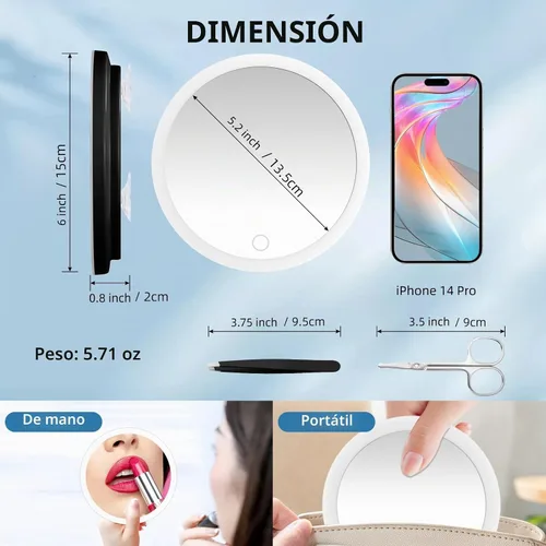 Vista 5 de 20 espejos de aumento iluminados con ventosas, espejo grande de 6 pulgadas con luz de alto aumento, espejo de maquillaje de viaje, batería 20x