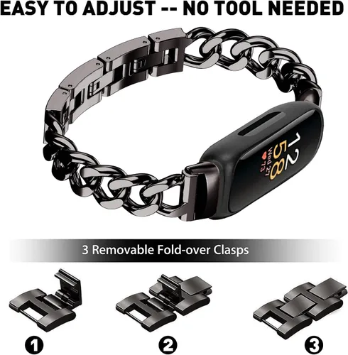 Vista 6 de Bandas geniales para Fitbit Inspire 3 bandas para mujer, correa de repuesto ajustable de metal de acero inoxidable compatible con Fitbit Inspire 3