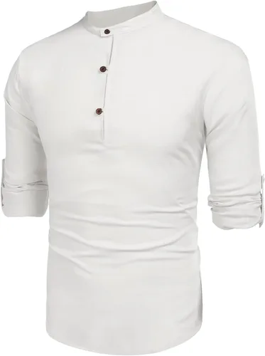 Vista 7 de COOFANDY Camisa Henley de algodón y lino para hombre, estilo casual, para playa, hippie, camisetas de manga larga