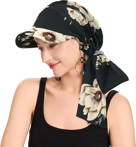 Vista 35 de ZLYC Gorro de quimioterapia para mujer, visera para la cabeza, bufanda preatada, gorra ligera de calavera Blanco sólido