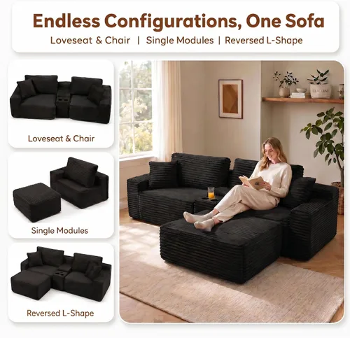 Vista 7 de Sofá modular sin hueso de 111 pulgadas en forma de L con portavasos y puertos de carga USB, sofá modular de 3 asientos con otomana de Negro azabache