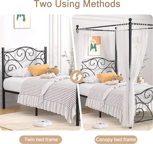Vista 3 de VECELO Base de cama con dosel de metal, tamaño individual, base de colchón con plataforma de 4 pósteres con cabecero, soporte de listones de acero