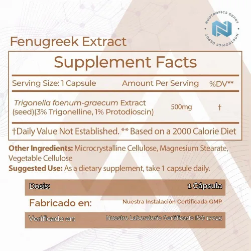Vista 2 de Nootropics Depot Cápsulas de extracto de fenogreco 500 mg 60 ct 3% de trigonelina, 1% de protodioscina Trigonella foenum-graecum Estado