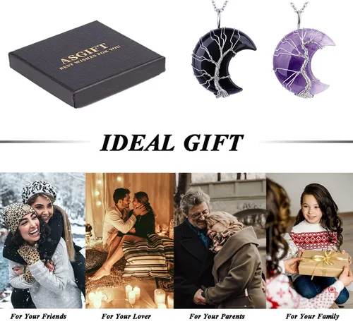Vista 6 de ASGIFT Collar de luna creciente envuelto en alambre de árbol de la vida, 2 piezas de piedra de cristal curativo, joyería para mujeres y niñas, Acero