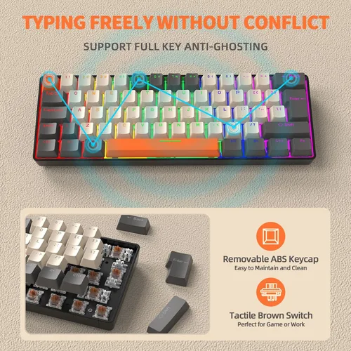 Vista 3 de ZIYOU LANG T60 Teclado mecánico para juegos con cable 60% TKL con retroiluminación LED arco iris, ultra compacto, interruptor táctil NKRO