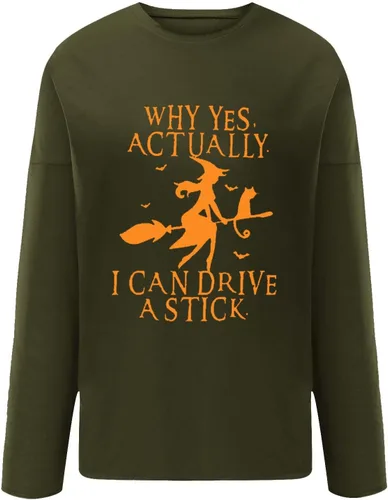 Vista 3 de Why Yes, Actually I Can Drive A Stick - Camiseta para mujer de bruja para amantes de Halloween, sudadera de manga larga sin botones