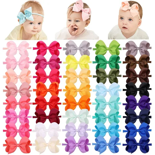 Vista 11 de jollybows 40 piezas Diademas con Lazos de Cinta Grosgrain para Bebés Niñas 4" Banda Elástica para el Cabello Accesorios para el Cabello para Bebés