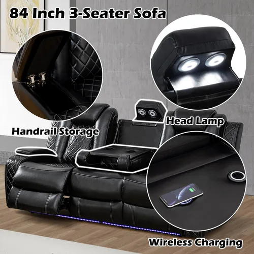 Vista 5 de Juego de sofá seccional reclinable con alimentación, juego de sofá modular reclinable de cuero negro en forma de L, sofá de cuero en forma de L