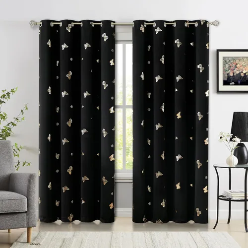 Vista 31 de Jubilantex - Cortinas opacas con diseño de mariposa dorada, 80 % rosa bebé Cortinas opacas 80% rosa lavanda/rosa bebé, estampado de mariposa