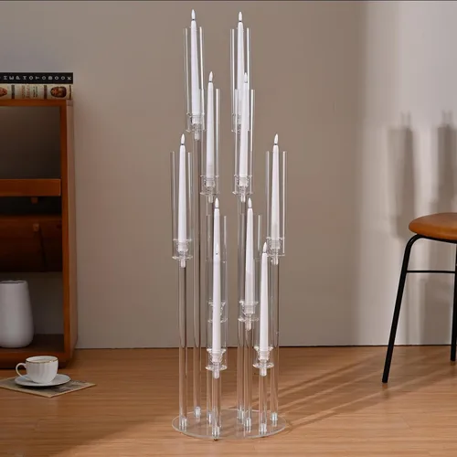 Vista 14 de Portavelas transparentes de 8 brazos para decoración de boda, candelabro alto de acrílico con pantalla para eventos del día de San Valentín, fiesta