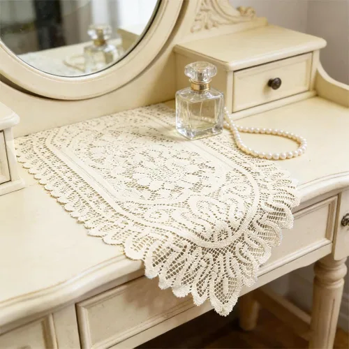 Vista 5 de Tinsow Paquete de 2 tapetes rectangulares de algodón con encaje de ganchillo (beige sin borlas)