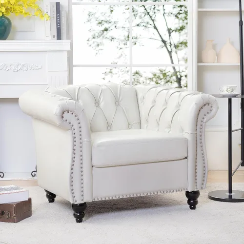 Vista 20 de Muebles de sofá Chesterfield de tela de 85 pulgadas, sofá tapizado con respaldo copetudo, brazo enrollable, sofá Chesterfield clásico para sala