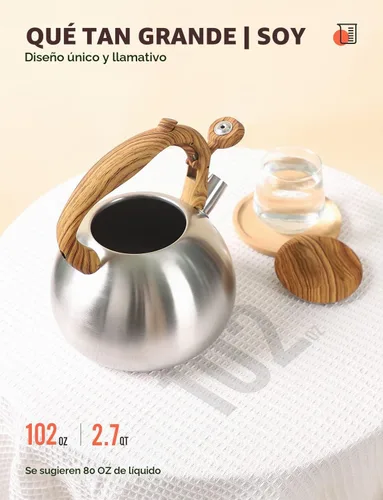 Vista 3 de BELANKO Hervidor de té de 2.7 cuartos de galón para estufas, tetera de acero inoxidable de grado alimenticio con silbato fuerte, mango de madera