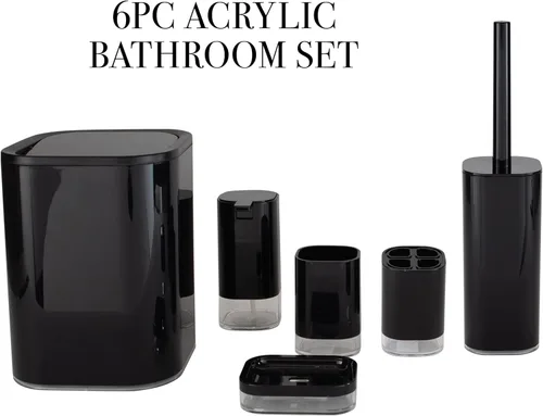 Vista 2 de Bath Bliss Juego de baño acrílico de 6 piezas Cepillo de inodoro Bote de basura Bomba de jabón Jabonera Vaso Soporte para cepillos