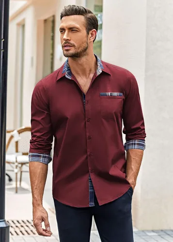 Vista 3 de COOFANDY - Camisa de vestir de algodón con mangas largas, botones y cuello a cuadros, de estilo casual, para hombres