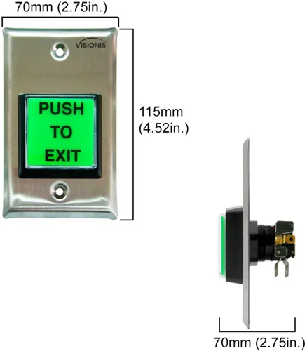 Vista 2 de Visionis Pulsar para salir botón VIS-7000 Interior verde cuadrado Solicitud de salida de acero inoxidable para control de acceso de puerta con luz