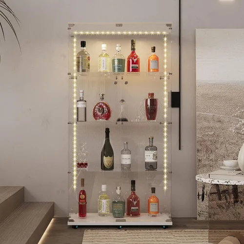 Vista 15 de Armario esquinero de cristal templado con 4 estantes de 64 pulgadas de alto, gabinete de licor de 5 lados con luces LED, bloqueo y pies ajustables