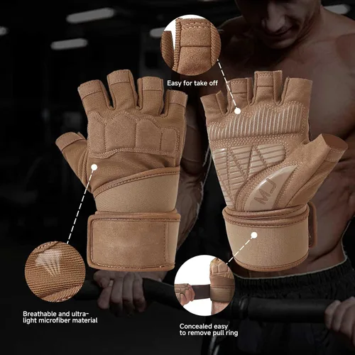 Vista 2 de Guantes de entrenamiento para hombre para levantamiento de pesas - Guantes de ejercicio para hombres y mujeres con soporte para muñequera, Marrón