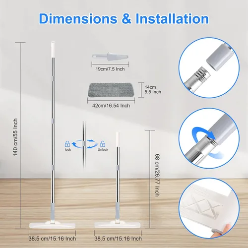 Vista 2 de wlich Trapeador de microfibra para limpieza de suelos, mopa plana extensible de 55 pulgadas con 4 almohadillas lavables reutilizables, 1 gancho, 1