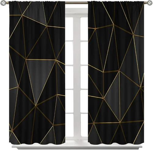 Vista 129 de Cortinas Negras con Dobladillo Dorado, Cortinas Opacas con Bolsillo para Barra con Estampado de Rayas de Foil en Onda Dorada para Decoración de Negro