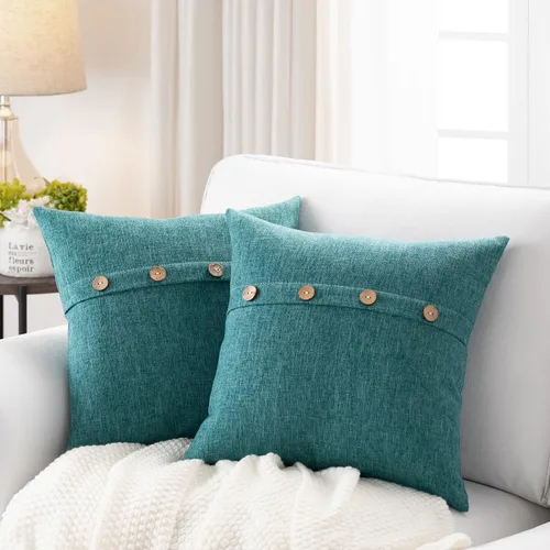 Vista 32 de Meekio Juego de 2 Fundas de Almohada Verde Aqua de 16 x 16 Fundas de Almohada de Lino con Botones de Coco Decoración de Granja Regalos