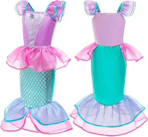 Vista 4 de Ficlwigkis Disfraz de sirena para niños vestido de fiesta de lentejuelas vestido de sirena pequeña para niñas fiesta de cumpleaños cosplay 3-10 años
