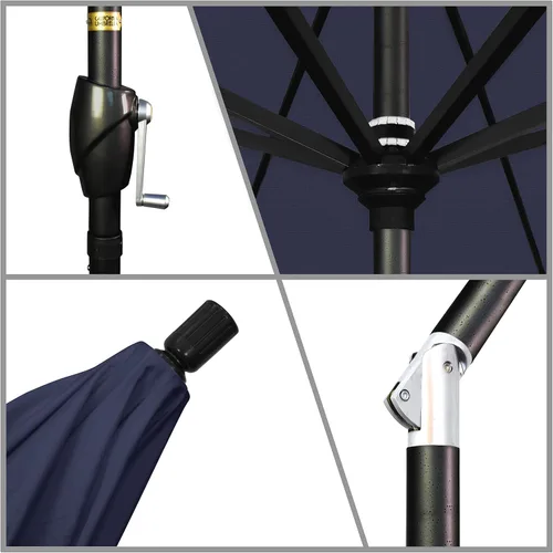 Vista 4 de California Umbrella Sombrilla redonda de aluminio de 7.5 pies, manivela para elevación, botón de inclinación, poste negro, azul marino Pacífica