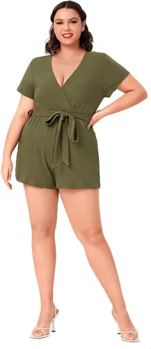 Vista 5 de WDIRARA Women's Plus Size Deep V Neck Wrap Belted Rib Knit Romper Shorts