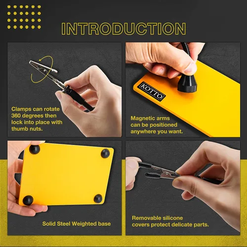 Vista 5 de Fstop Labs Herramienta de soldadura de tercera mano, soporte para PCB, cuatro brazos metálicos flexibles con base magnética, manos que ayudan a