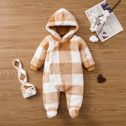 Vista 2 de MIEKISA Mameluco peludo a cuadros con capucha para bebés, niños y niñas, otoño e invierno