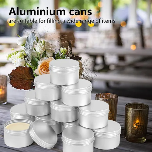 Vista 5 de Paquete de 12 latas, latas de 4 onzas con tapas, recipientes pequeños de aluminio de metal recargable, recipientes redondos para cosméticos de viaje