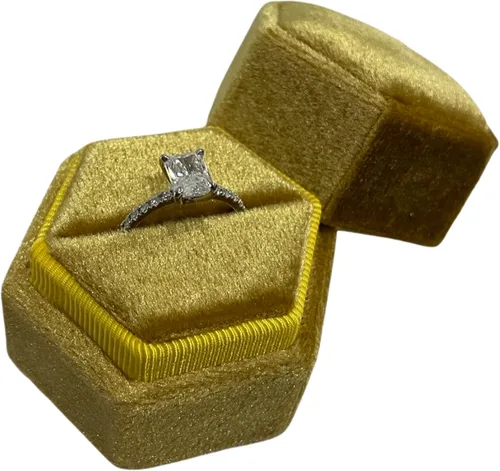 Vista 10 de Caja de anillo hexagonal de terciopelo, 1 ranura para compromiso y ceremonia de boda, exhibición plana y almacenamiento (azul claro)