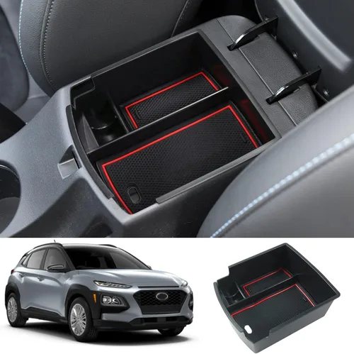 Vista 8 de Accesorios interiores Hyundai Kona 2018-2022, organizador de consola central con ribete azul con caja de almacenamiento y bandeja de inserción
