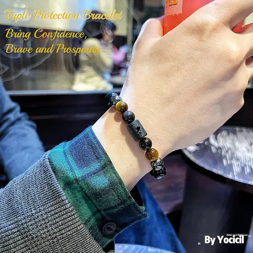 Vista 37 de Pulseras de la amistad, pulsera de obsidiana negra arcoíris para mujeres y hombres, 0.394 pulgadas (0.394 in), ojo de tigre, hematita y cristal
