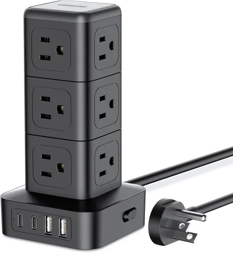 Vista 11 de NTONPOWER Torre de regleta de alimentación con protector de sobretensiones, torre de protección de sobretensiones 1080J, 12 salidas de CA, 4 puertos